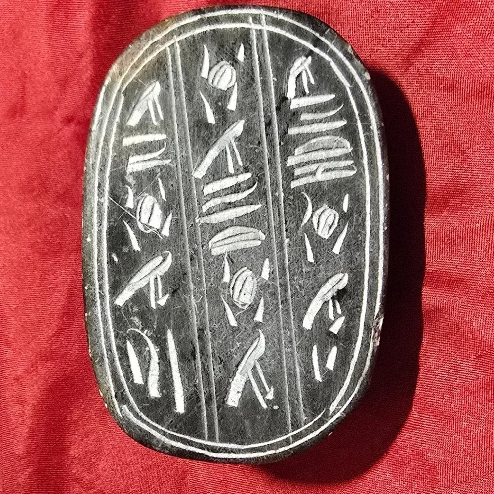 Vtg Hand Carved Soap Stone Egyptian Scarab Beetle Figurine with Snakes & Symbols